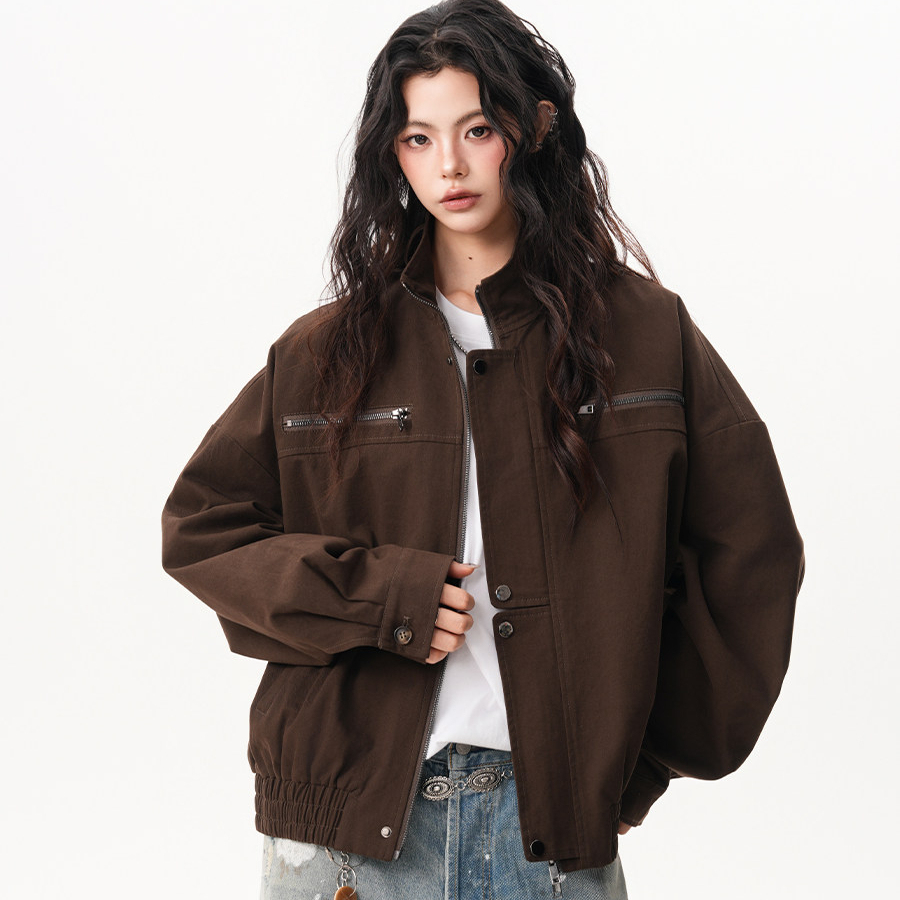 美式巴恩風立領工裝牛仔外套女秋季新款復古高級感短款機車夾克