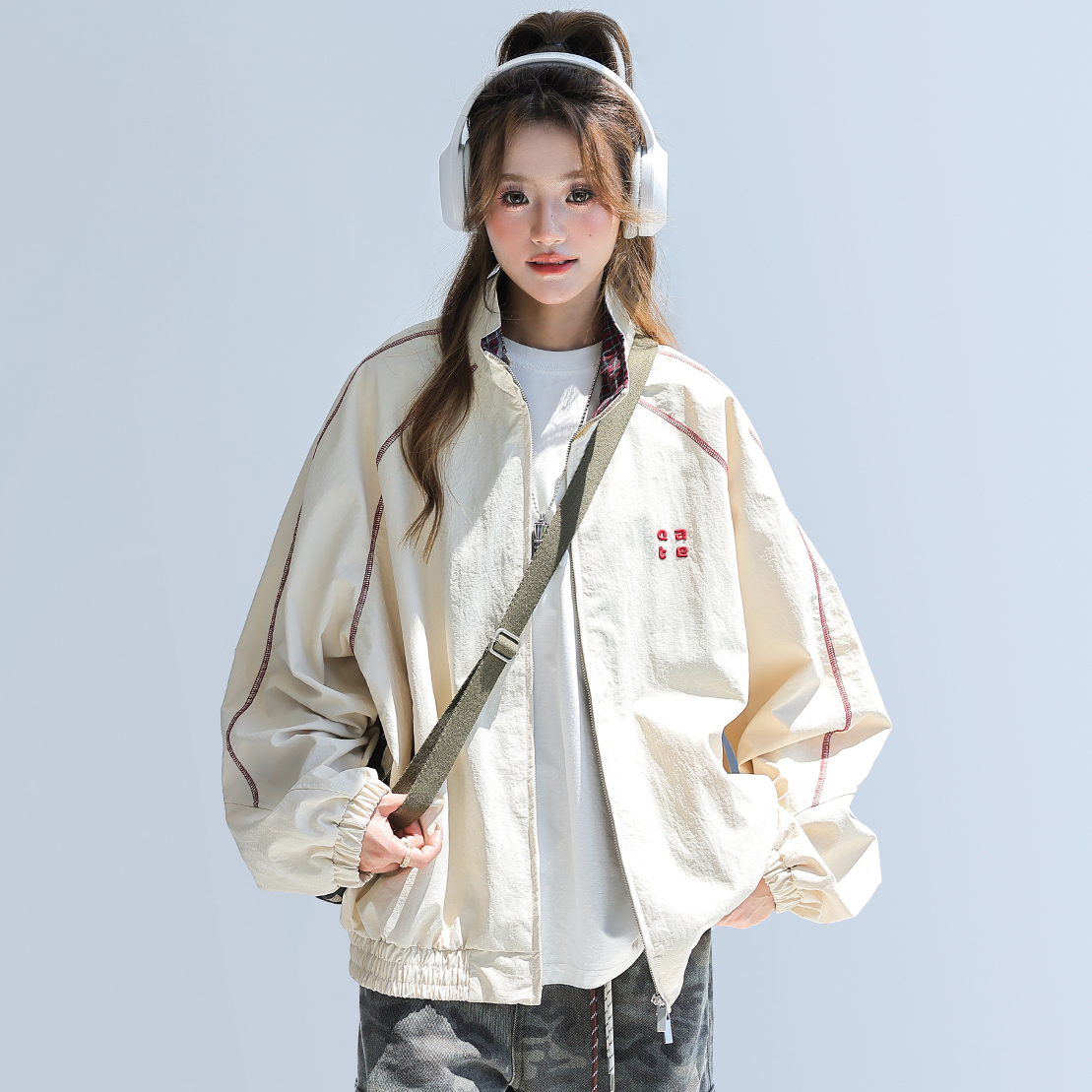 2025新款美式復古撞色拼接寬鬆立領休閒夾克女