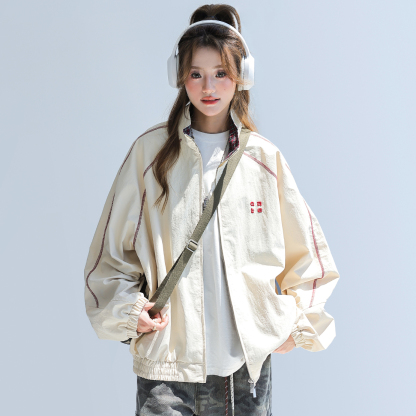 2025新款美式復古撞色拼接寬鬆立領休閒夾克女