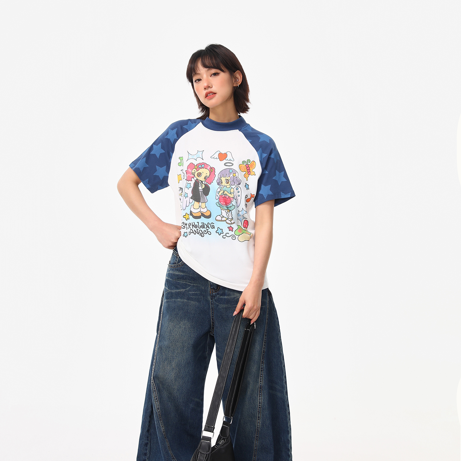 美式復古卡通少女星星插肩正肩短袖T恤女夏季百搭修身短t