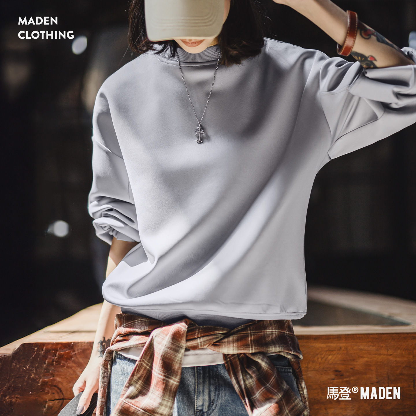 空氣層純灰色無帽款寬鬆落肩圓領套頭長袖衛衣外套上衣女士秋