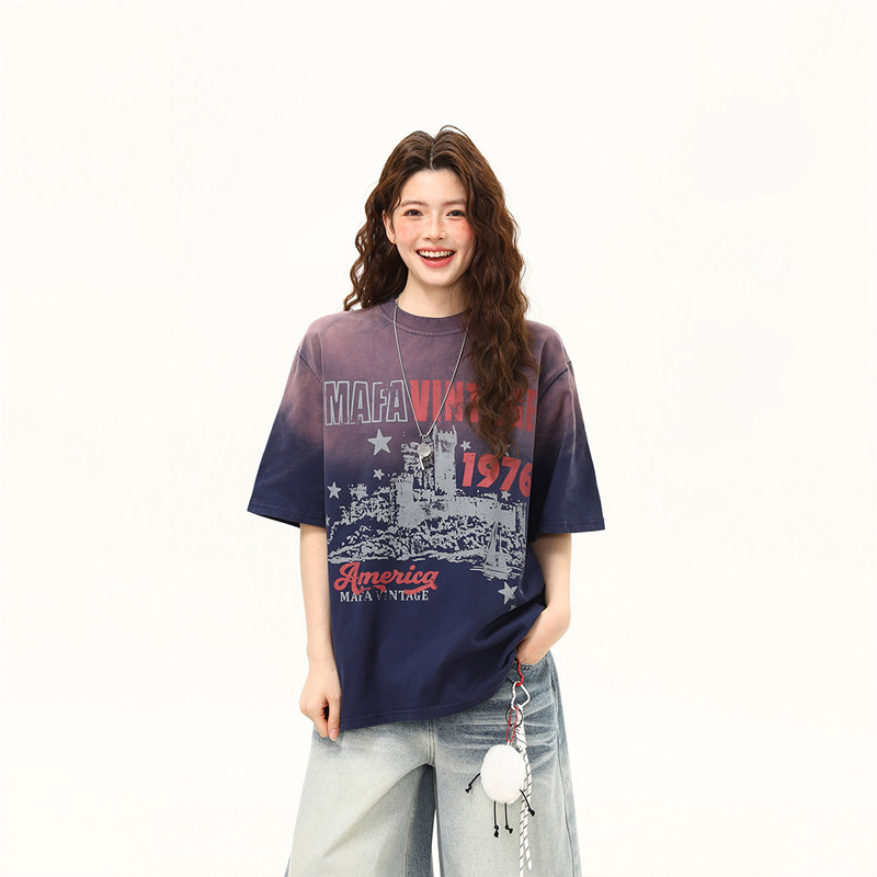 美式潮流水洗漸變短袖T恤女夏季圓領潮牌寬鬆上衣tee