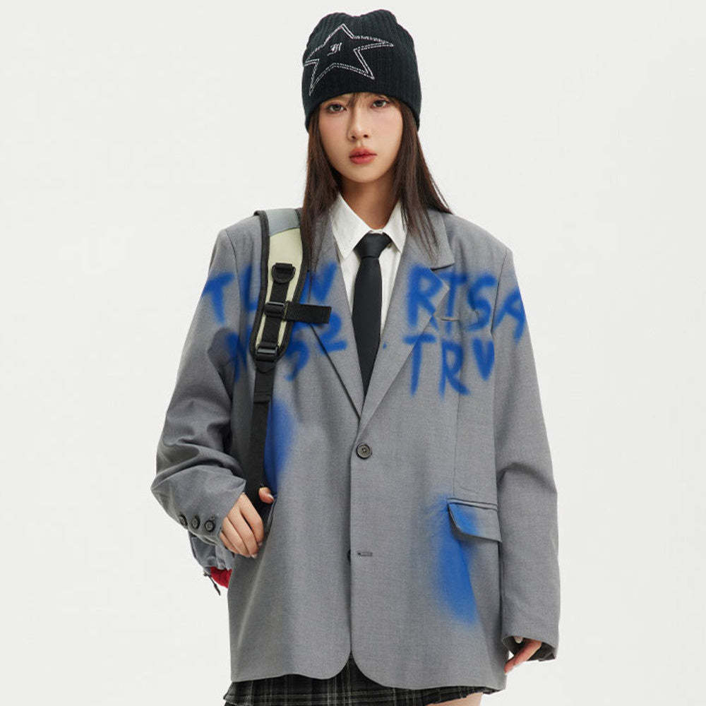 美式復古潮牌字母塗鴉西裝外套女設計感百搭學院風夾克