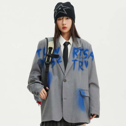美式復古潮牌字母塗鴉西裝外套女設計感百搭學院風夾克