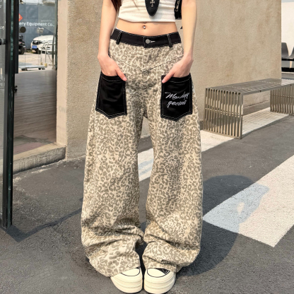 美式復古豹紋貼布口袋牛仔褲女寬鬆街頭潮流闊腿彎刀褲子