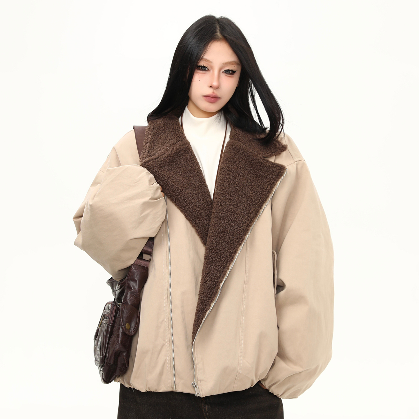 冬季拉鍊斜襟設計感羊羔絨棉服外套女寬鬆加厚保暖棉衣