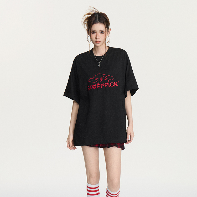 美式復古潮牌街頭刺繡寬鬆短袖T恤女夏百搭休閒半袖上衣