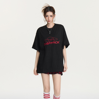 美式復古潮牌街頭刺繡寬鬆短袖T恤女夏百搭休閒半袖上衣