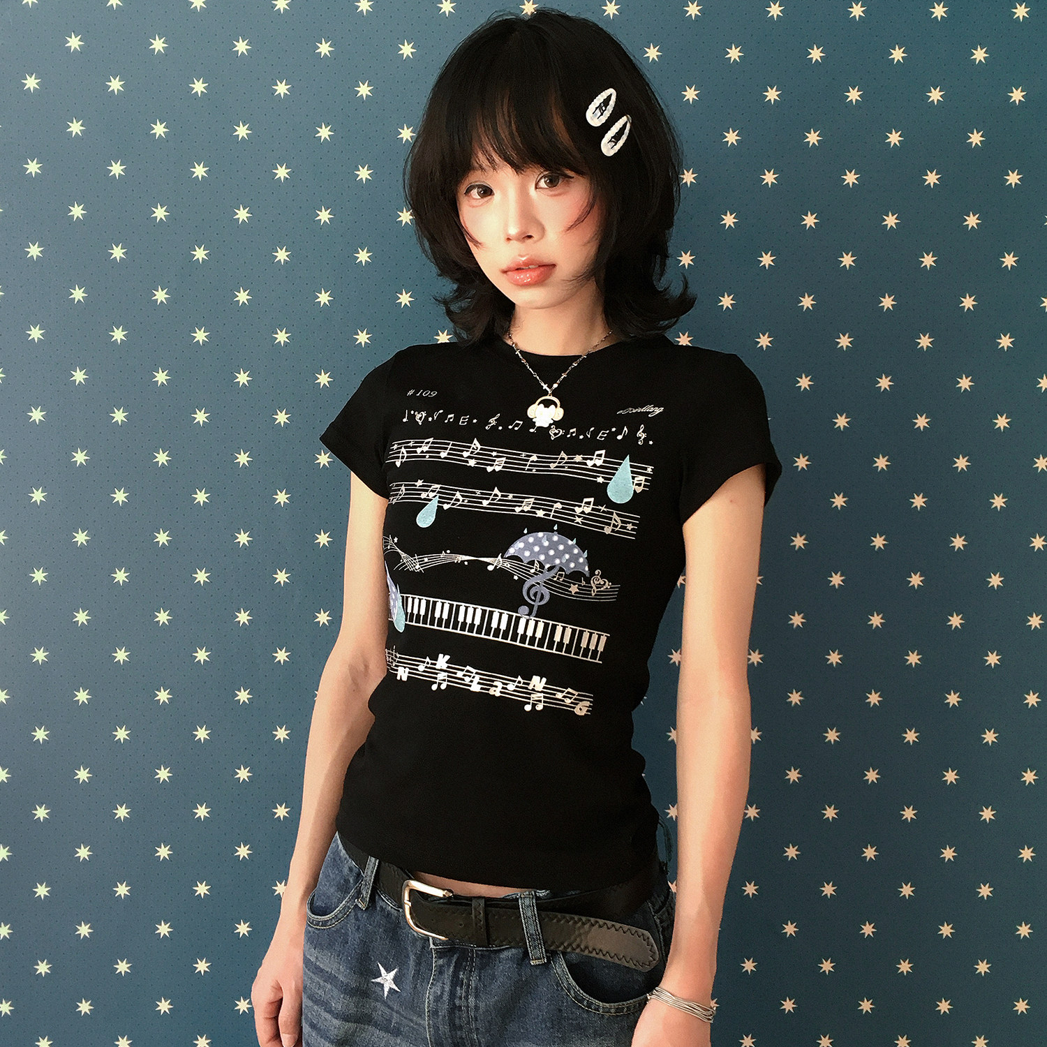 音符印花正肩短袖T恤女夏季韓系修身顯瘦短上衣