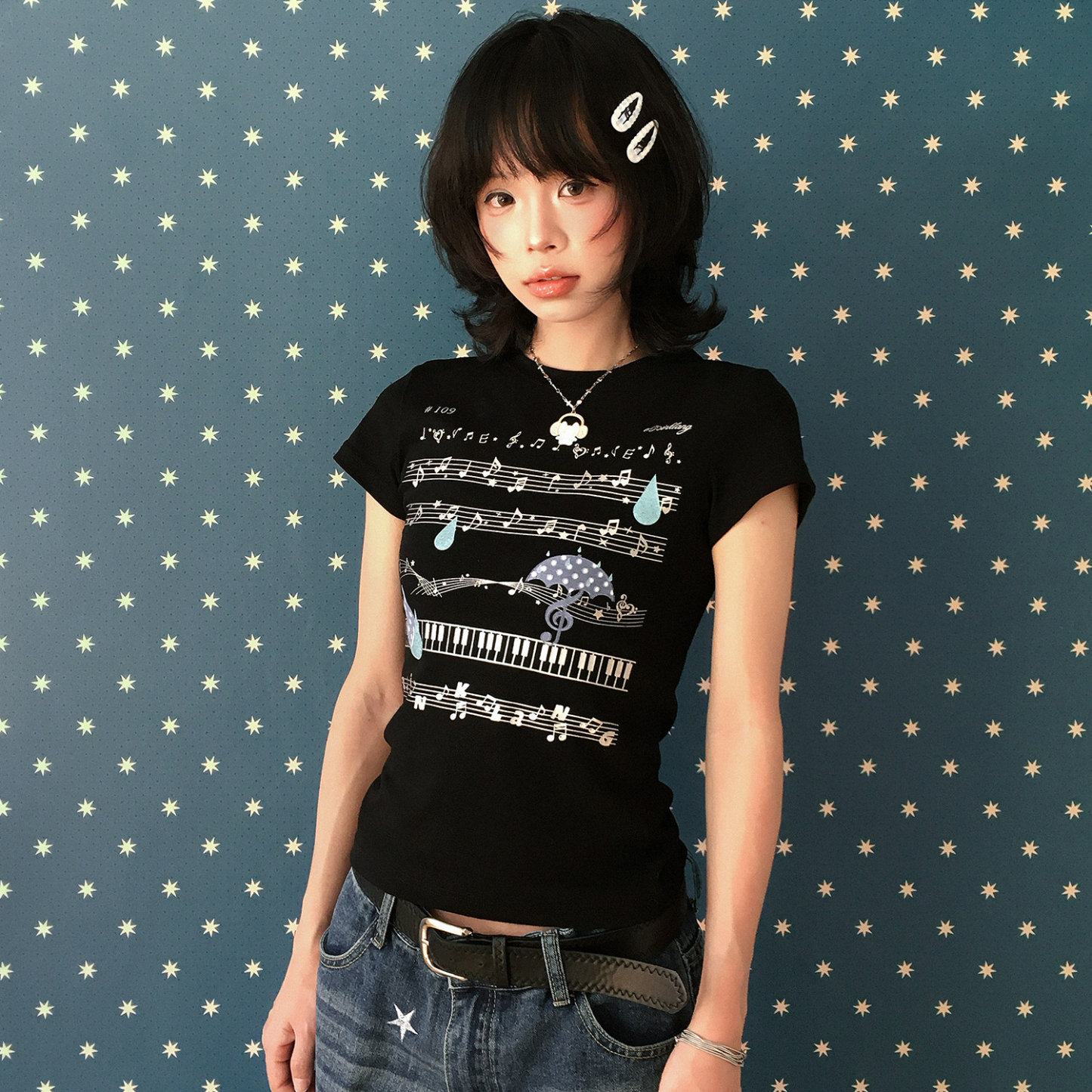 音符印花正肩短袖T恤女夏季韓系修身顯瘦短上衣