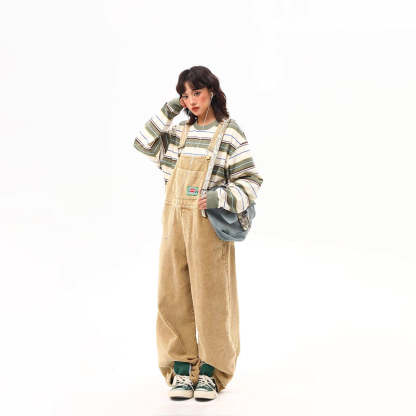 野生阿子2025春季新款美式灯芯绒背带裤女宽松阔腿工装直筒裤