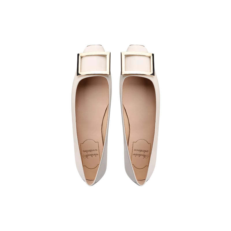 經典方扣小方頭淺口高跟鞋女夏粗跟平底通勤單鞋