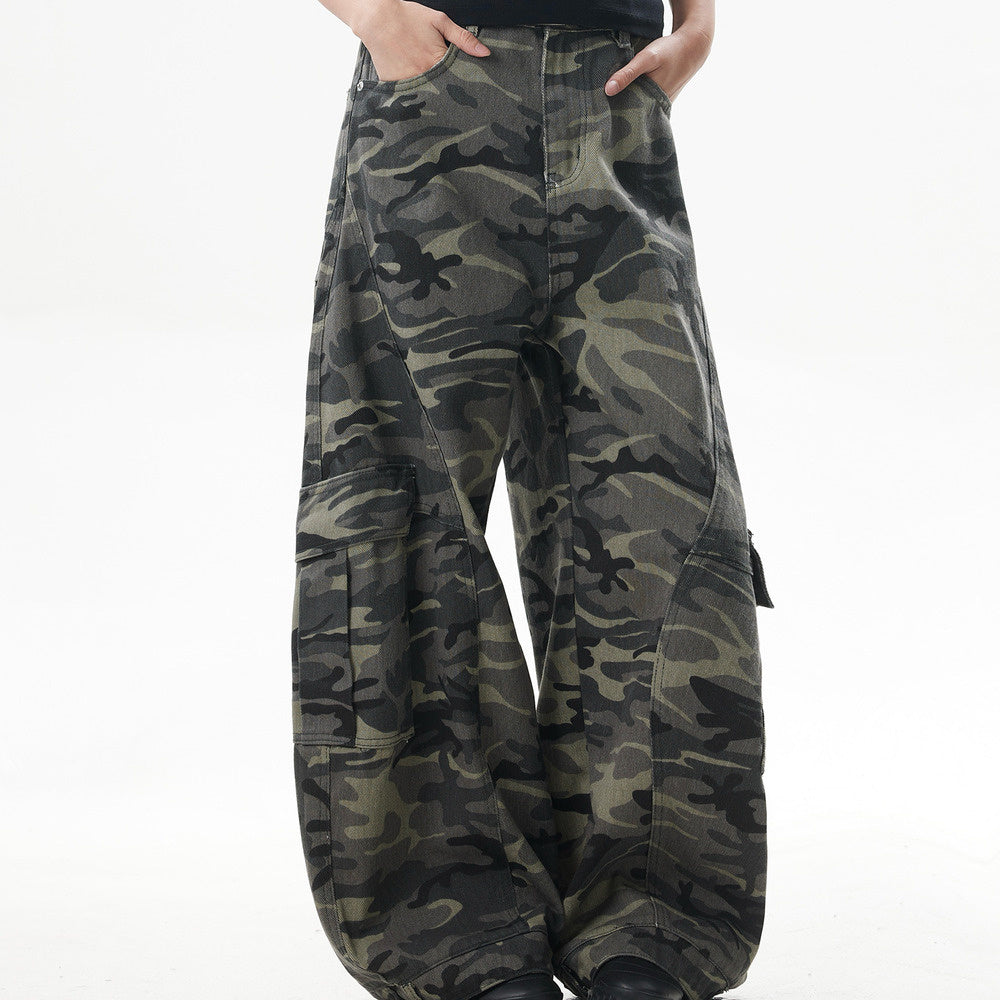 美式復古迷彩闊腿工裝褲女潮牌寬鬆反穿設計感彎刀牛仔褲