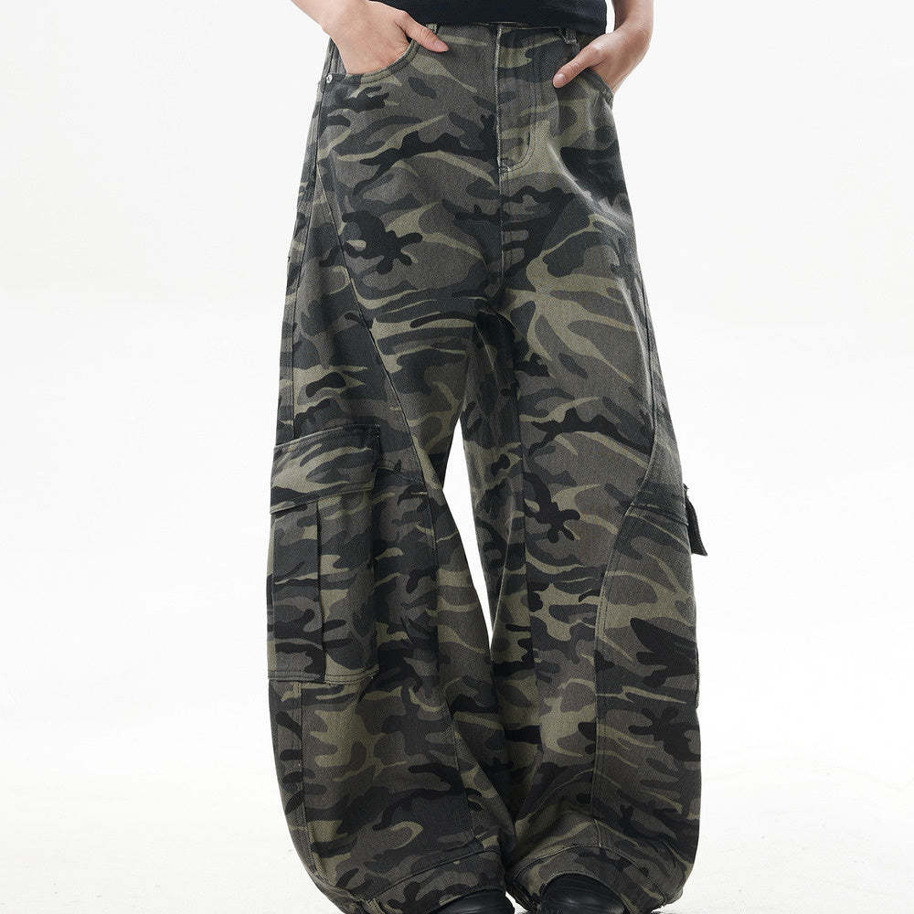 美式復古迷彩闊腿工裝褲女潮牌寬鬆反穿設計感彎刀牛仔褲