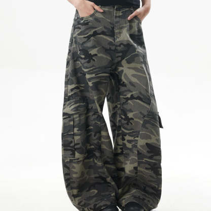 美式復古迷彩闊腿工裝褲女潮牌寬鬆反穿設計感彎刀牛仔褲