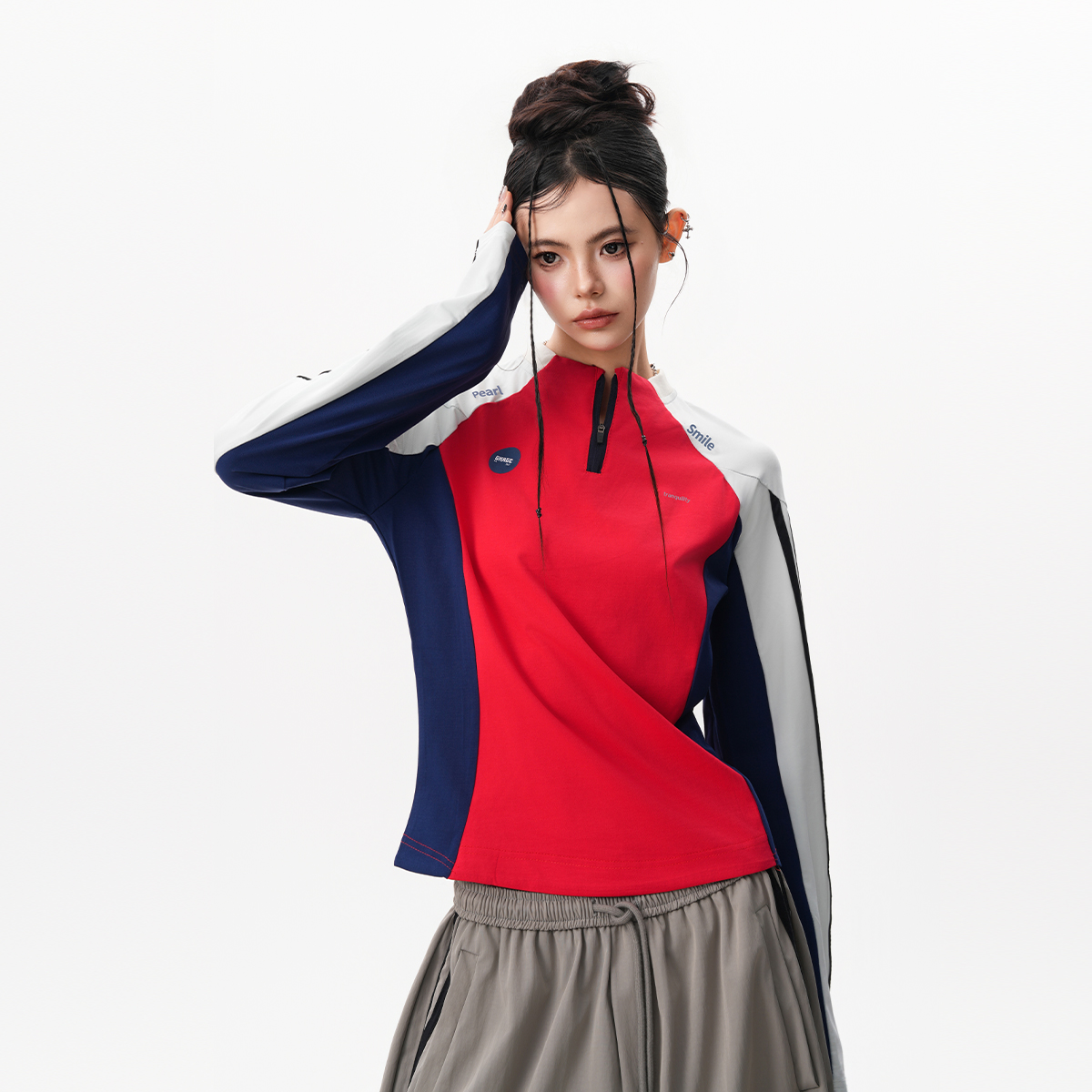 速幹輕薄騎行服女秋季撞色半拉鍊長袖T恤戶外健身訓練運動上衣