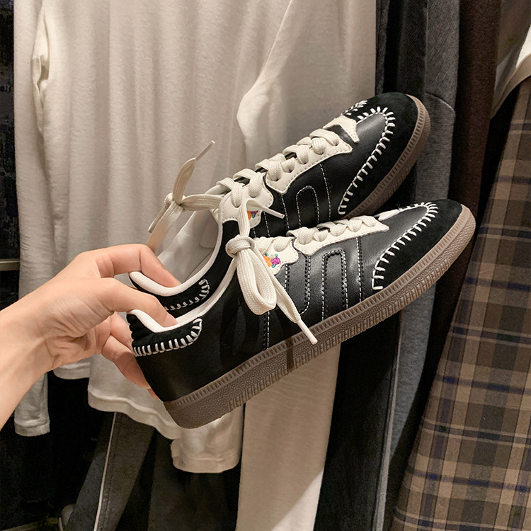 復古拼色手縫線運動休閒鞋板鞋女德訓鞋