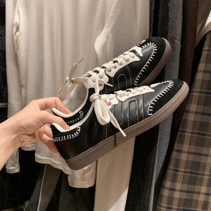 復古拼色手縫線運動休閒鞋板鞋女德訓鞋
