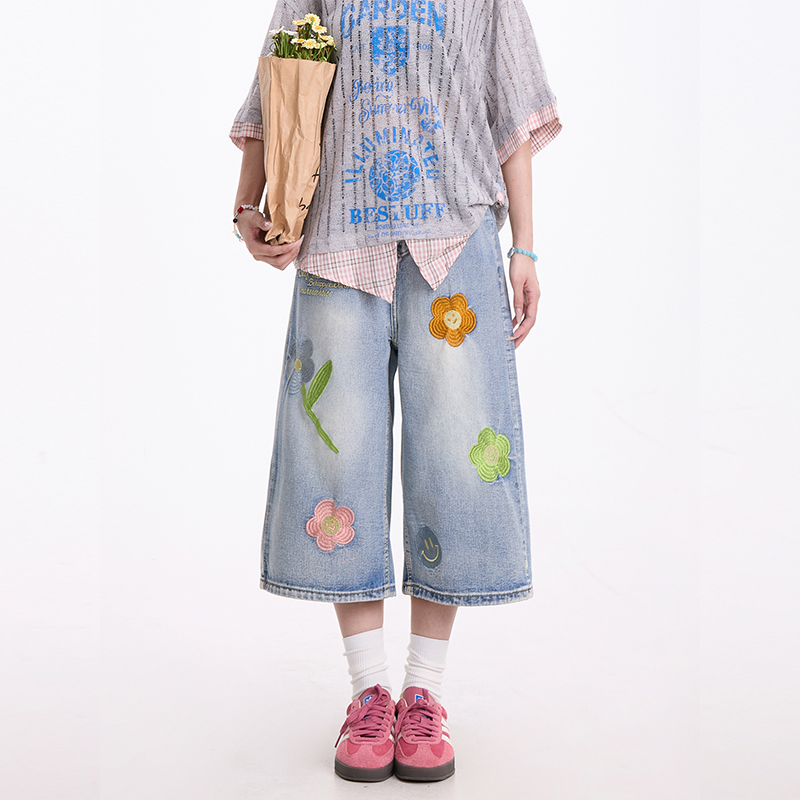 花朵刺繡藍色牛仔七分褲女美式復古慵懶小眾直筒夏季短褲
