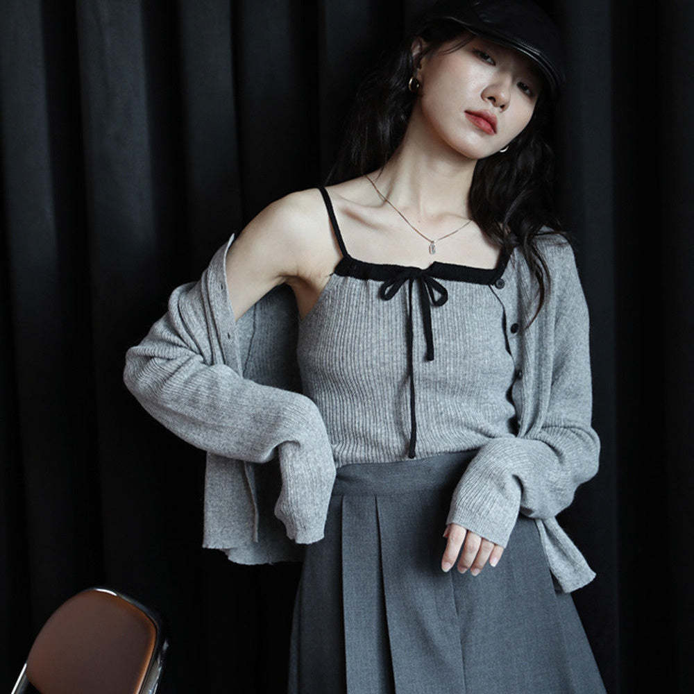 針織設計感開衫外套灰色兩件套小衫秋季新款小眾復古上衣