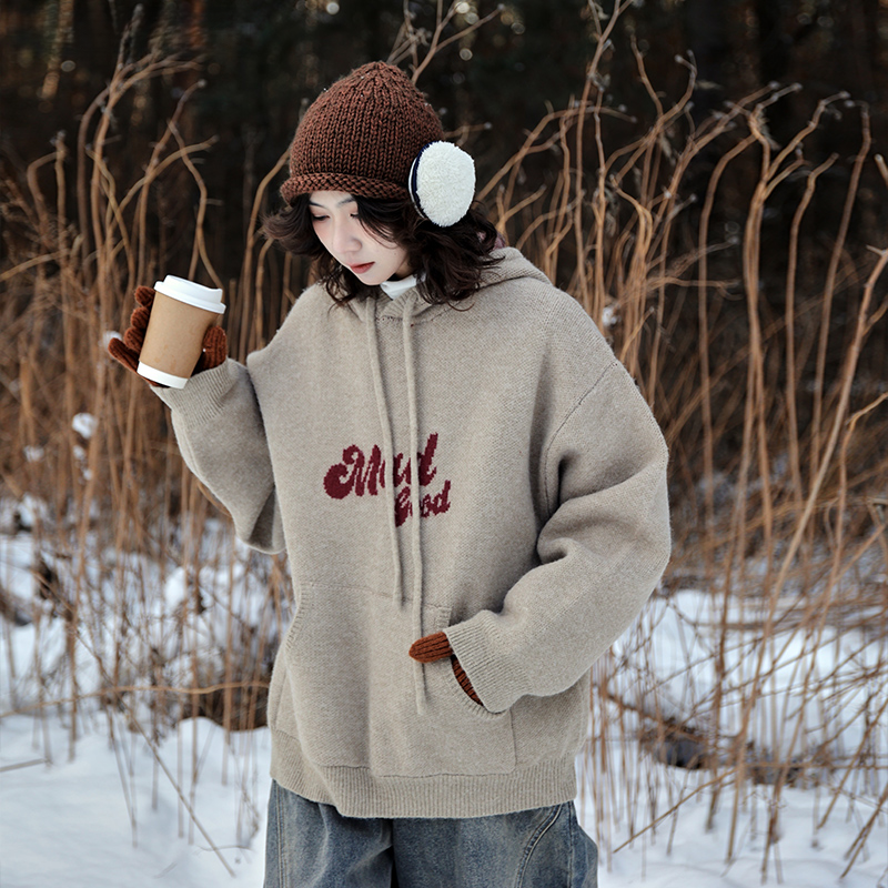 撞色logo提花連帽寬鬆高克重毛衣針織衣秋冬