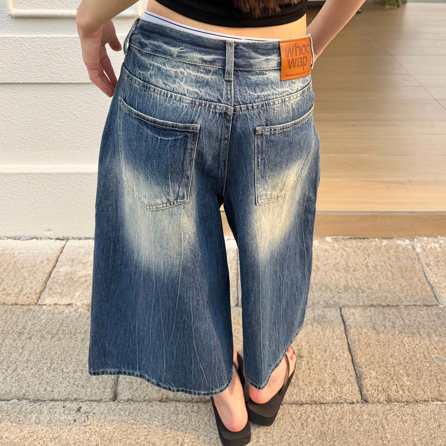 美式復古水洗閃電紋寬鬆七分牛仔短褲女街頭潮流夏季褲子