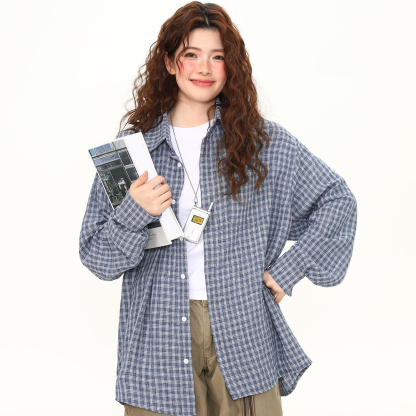 泡泡紗藍色格紋高級感長袖襯衫女春夏慵懶外穿格子襯衣女