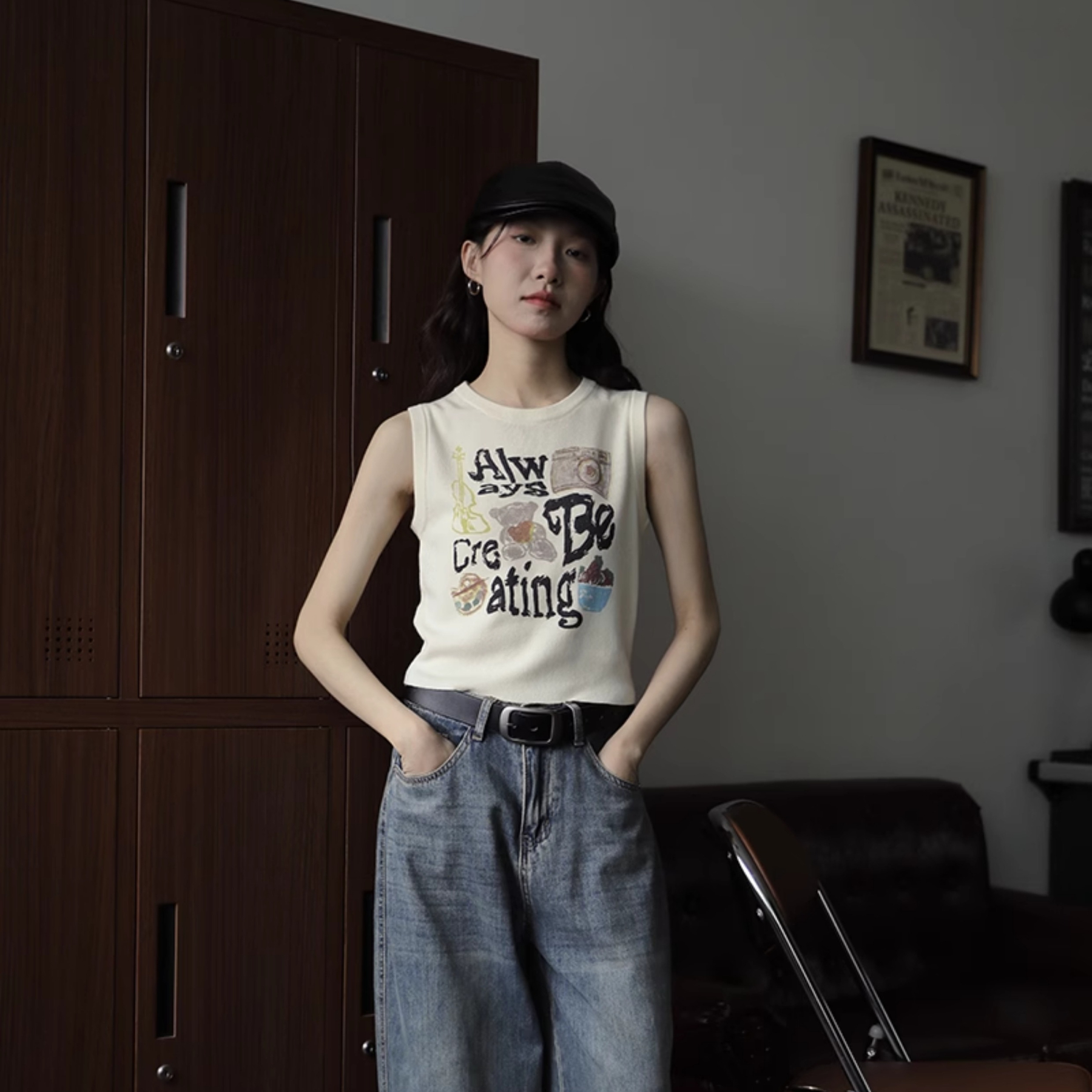 設計感小眾簡約百搭外穿無袖吊帶背心女別致塗鴉印花休閒短款