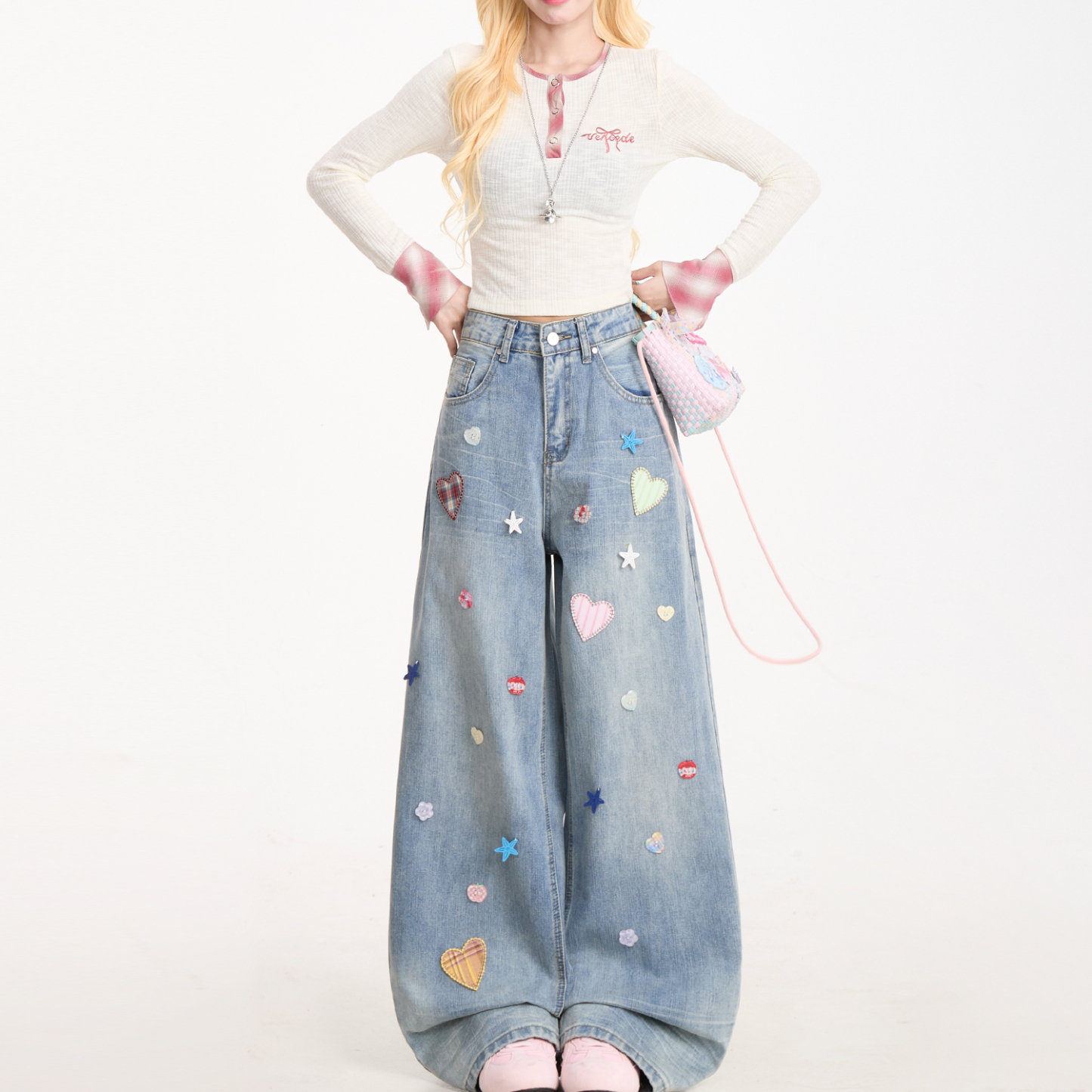 愛心貼布星星紐扣裝潢牛仔褲女復古做舊水洗闊腿直筒褲子