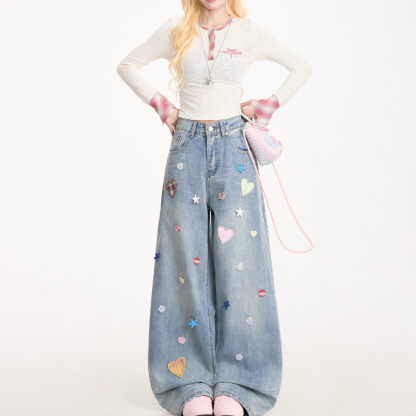 愛心貼布星星紐扣裝潢牛仔褲女復古做舊水洗闊腿直筒褲子