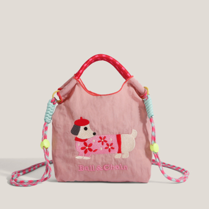 環保購物袋刺繡腊腸狗迷你手提包單肩斜挎包手機包