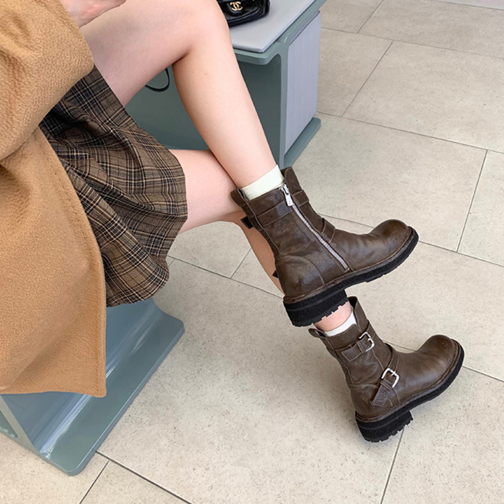 一字扣帶厚底水洗縮紋馬皮瘦瘦短靴女