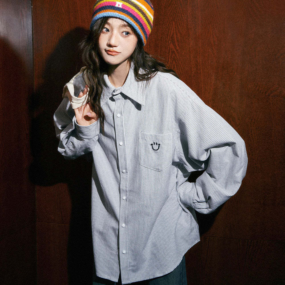 條紋襯衫女2024早秋新款上衣韓系別致小個子薄襯衣