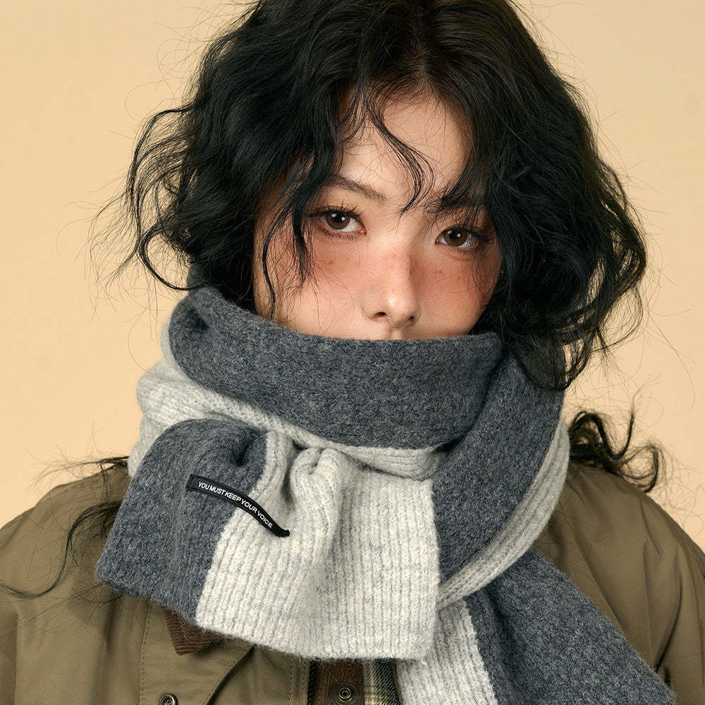 含羊毛拼色圍巾女冬季復古深灰色保暖加厚針織毛線高級感圍脖