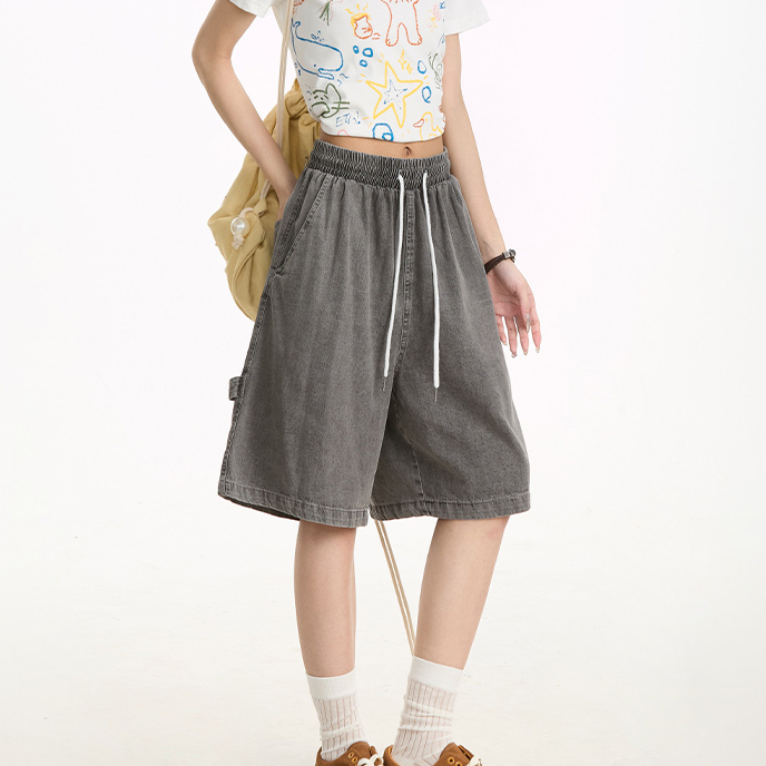 美式復古嘻哈工裝牛仔短褲女夏季寬鬆闊腿街頭中褲五分褲