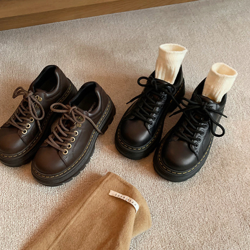 經典英倫風系帶圓頭百搭單鞋低跟德比小皮鞋女