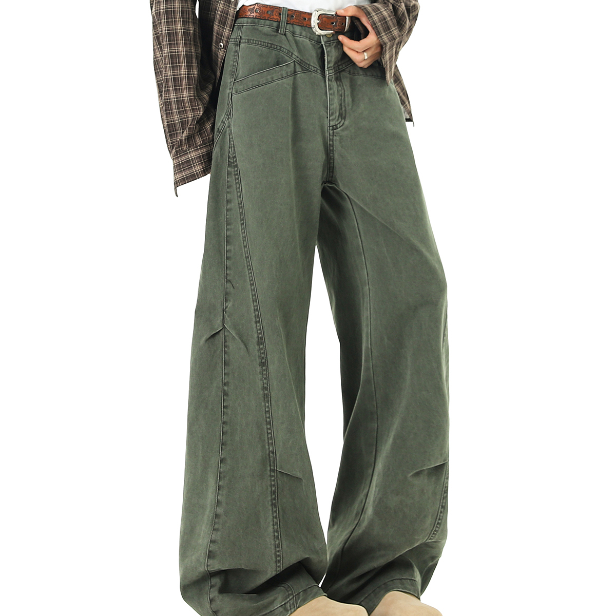 軍綠色解構工裝褲女秋季復古水洗褶皺闊腿傘兵褲寬鬆彎刀休閒褲