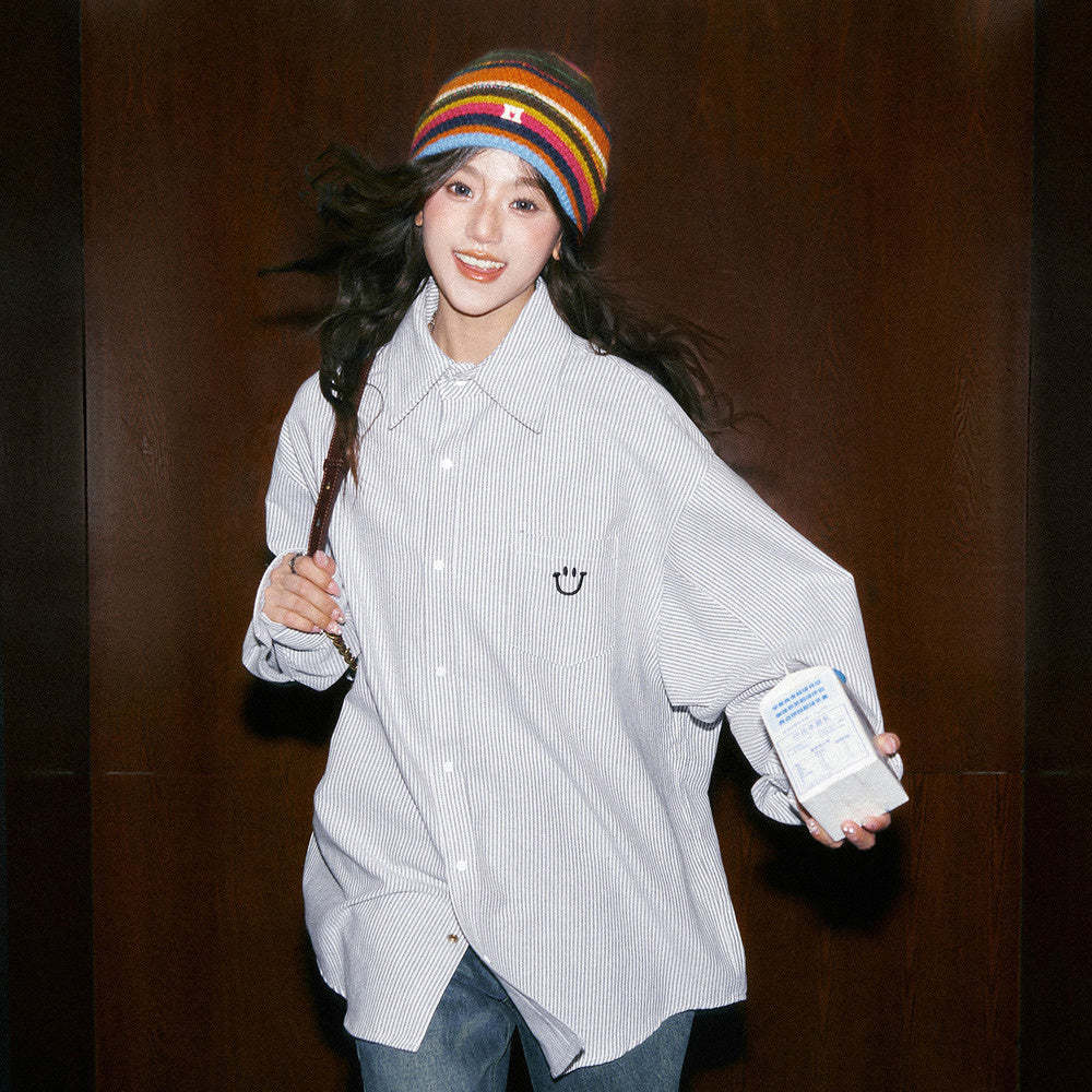 條紋襯衫女2024早秋新款上衣韓系別致小個子薄襯衣