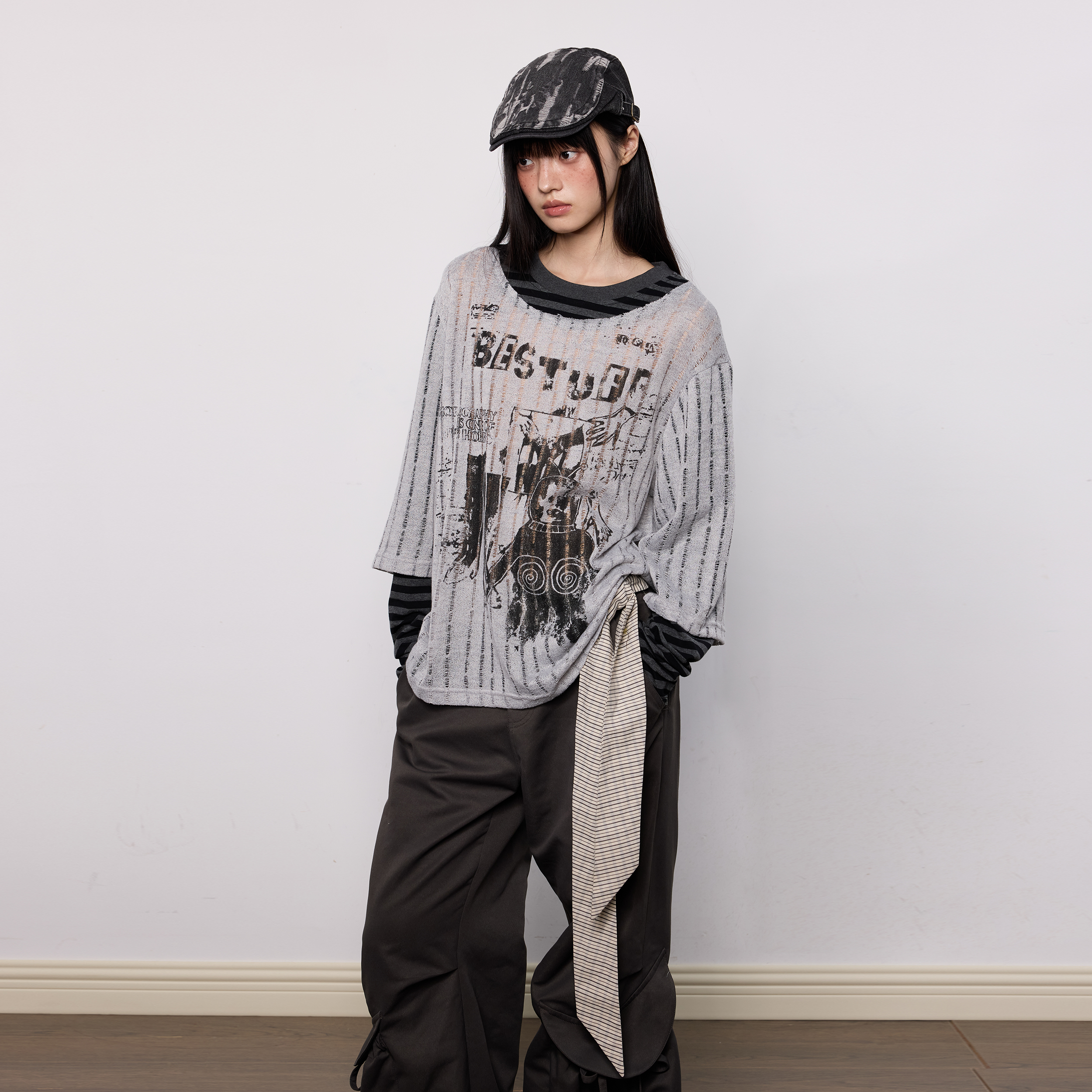 美式印花長袖罩衫T恤女夏季防曬透氣假兩件輕薄寬鬆休閒上衣