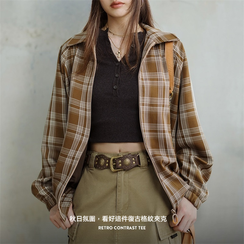 馬登女裝 美式復古格紋夾克設計感撞色翻領外套休閒寬鬆百搭上衣春秋女