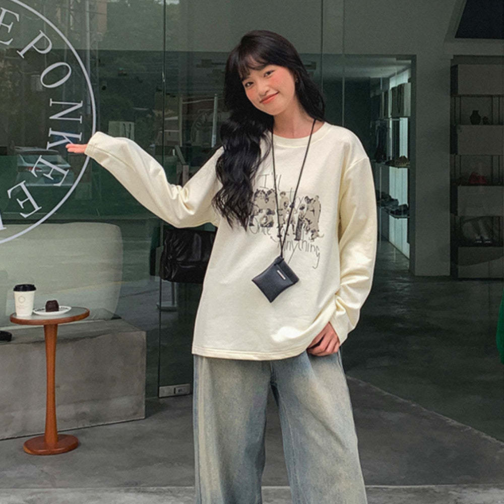 日系復古印花繡花寬鬆長袖t恤女秋新款寬鬆顯瘦純棉上衣
