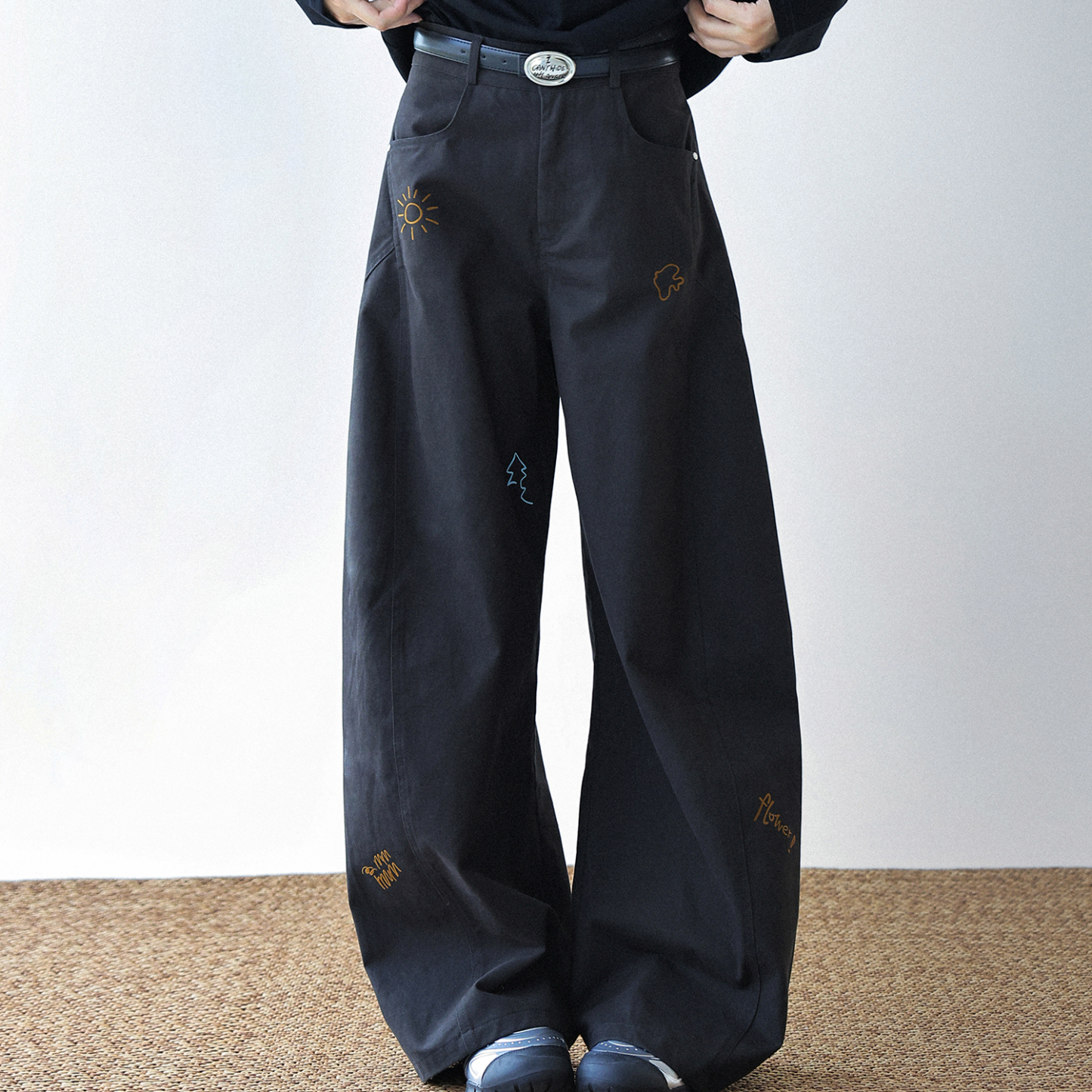 卡通印花闊腿褲女2025新款純棉水洗彎刀褲寬鬆休閒褲