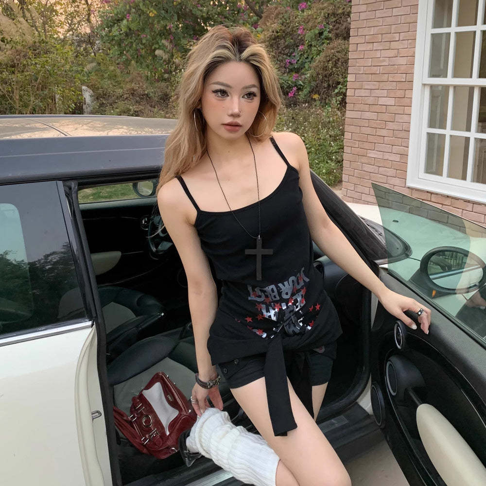 美式設計感吊帶長袖正反兩穿春夏季辣妹T恤打底衫女條紋