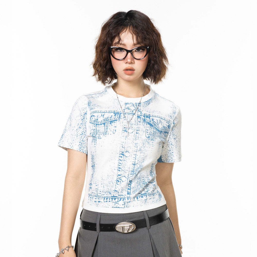 美式vintage牛仔印花短款t恤女短袖新款夏季顯瘦辣妹正肩上衣
