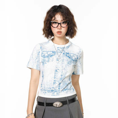 美式vintage牛仔印花短款t恤女短袖新款夏季顯瘦辣妹正肩上衣