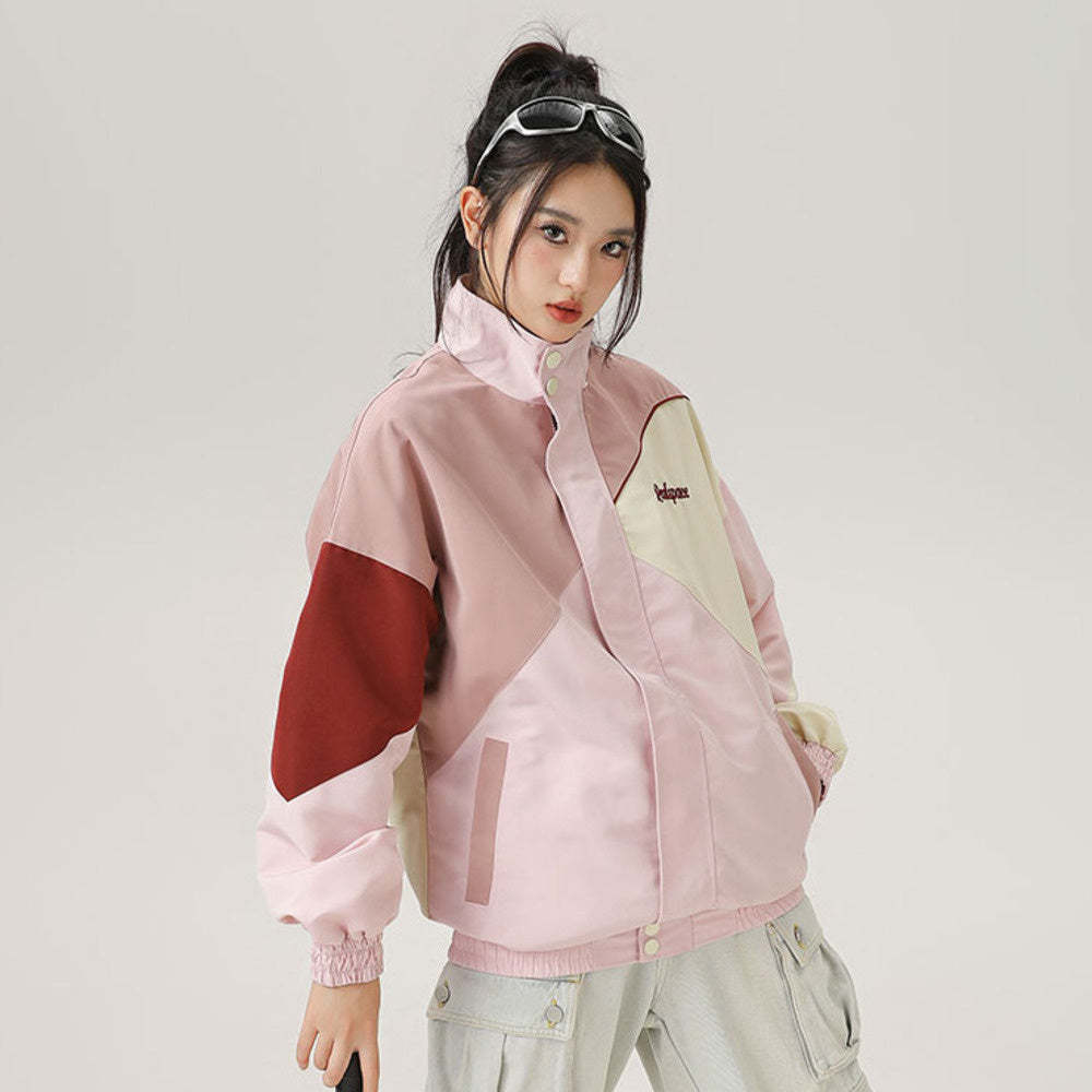 美式復古立領拼色機能風夾克女運動百搭2025春刺繡外套