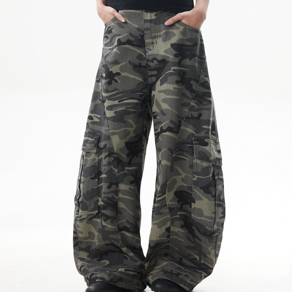 美式復古迷彩闊腿工裝褲女潮牌寬鬆反穿設計感彎刀牛仔褲