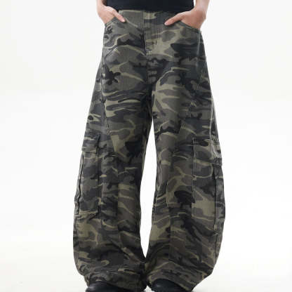 美式復古迷彩闊腿工裝褲女潮牌寬鬆反穿設計感彎刀牛仔褲