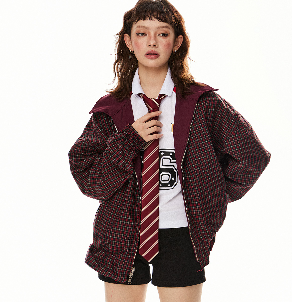 美式復古紅色格子兩面穿外套女早春新款寬鬆翻領工裝夾克上衣