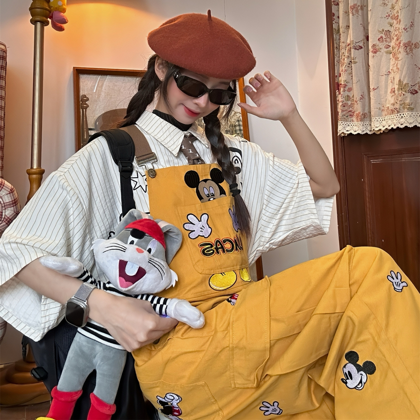 古著風米奇復古休閒背帶褲女寬鬆bf美式黃色闊腿連體長褲春秋